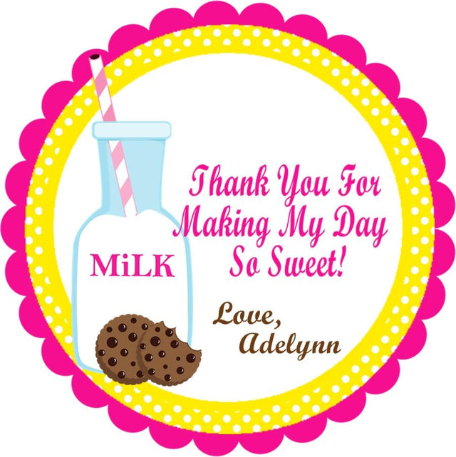 Pink and yellow milk bottle birthday sticker with cookie