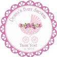 Pink baby carriage baby shower sticker with floral accents