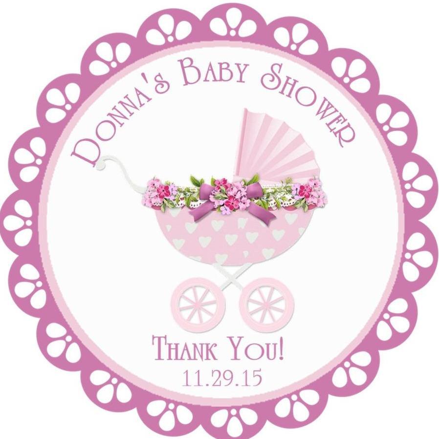 Pink baby carriage baby shower sticker with floral accents