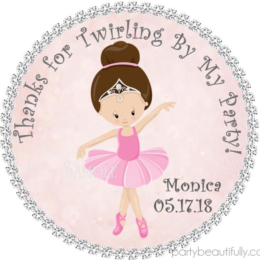 Pink ballerina birthday sticker with brown-haired dancer