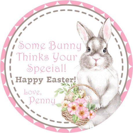 Pink basket bunny Easter sticker with flowers
