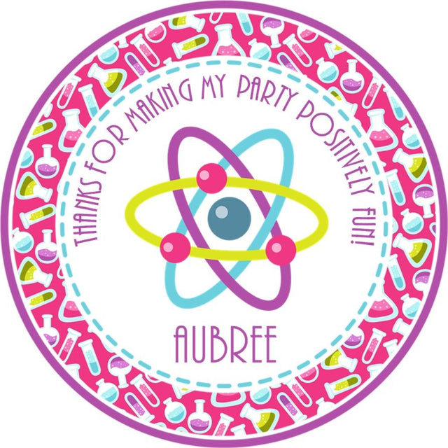 Pink beakers science party favor sticker