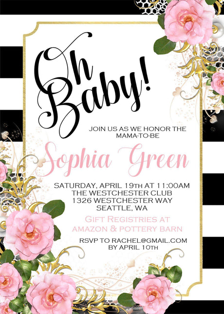 Pink black watercolor rose invitation cards elegant garden style