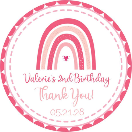 Pink boho rainbow birthday sticker with personalized text