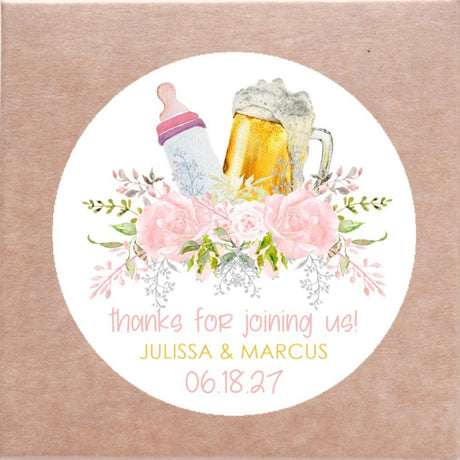 Pink bottles and beer baby shower stickers on white background