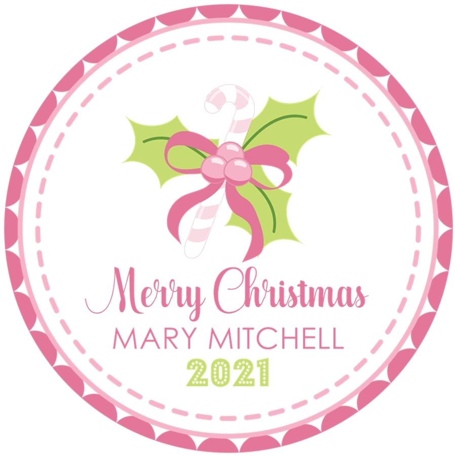 Pink candy cane Christmas sticker with bow design