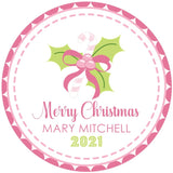 Pink candy cane Christmas sticker with bow design