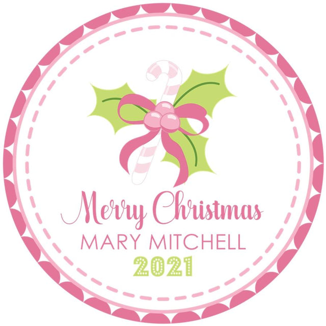 Pink candy cane Christmas sticker with bow design