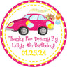 Pink car birthday parade sticker with balloons
