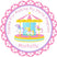 Pink carousel birthday sticker with pastel horses and lace border