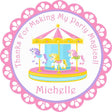 Pink carousel birthday sticker with pastel horses and lace border