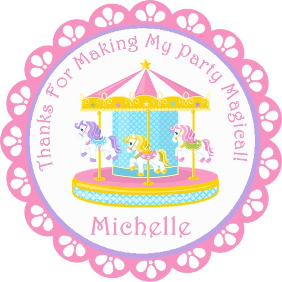 Pink carousel birthday sticker with pastel horses and lace border