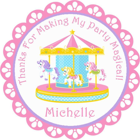Pink carousel birthday sticker with pastel horses and lace border