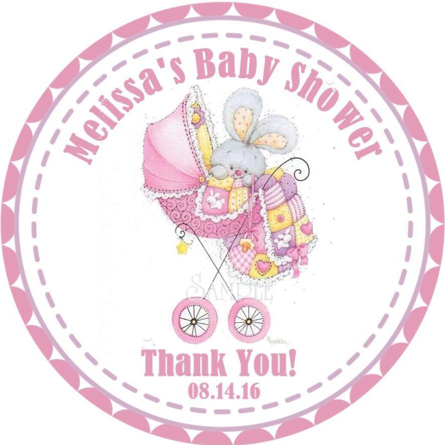 Pink carriage sticker for baby girl shower favors
