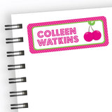 Pink cherry back to school name label with green frame