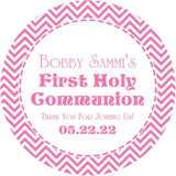 Pink chevron communion sticker with name