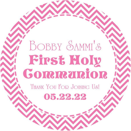 Pink chevron communion sticker with name
