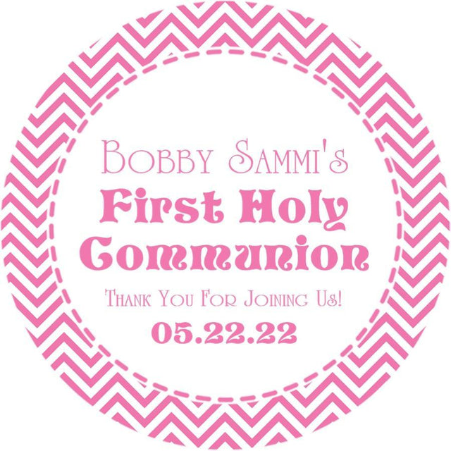 Pink chevron communion sticker with name
