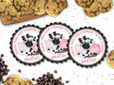 Pink cow birthday favor label with cookies and milk
