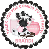 Pink cow milk and cookies birthday sticker with scalloped border