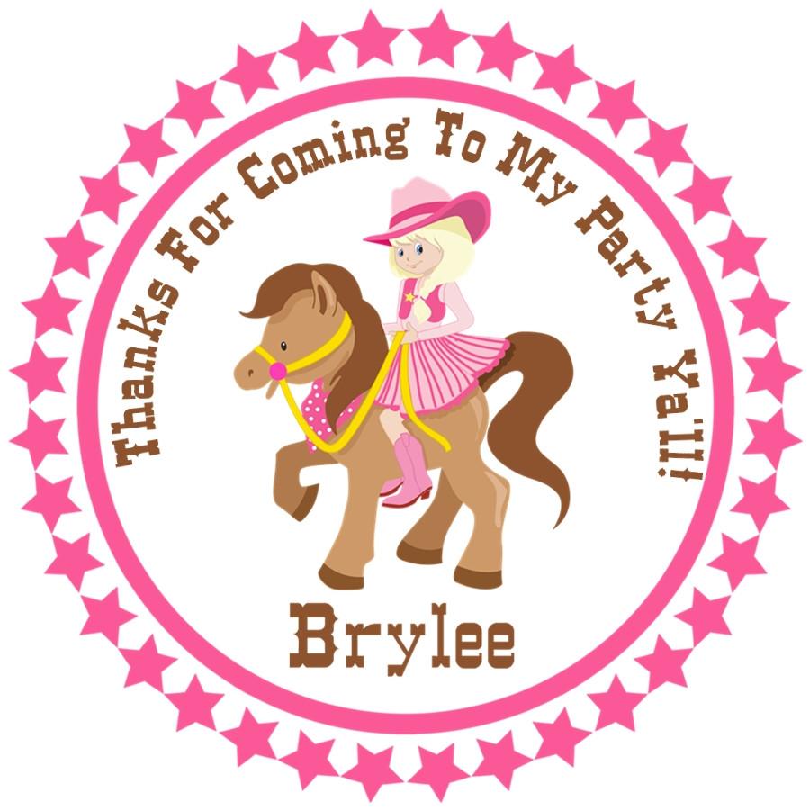Pink cowgirl birthday sticker with blonde rider on pony