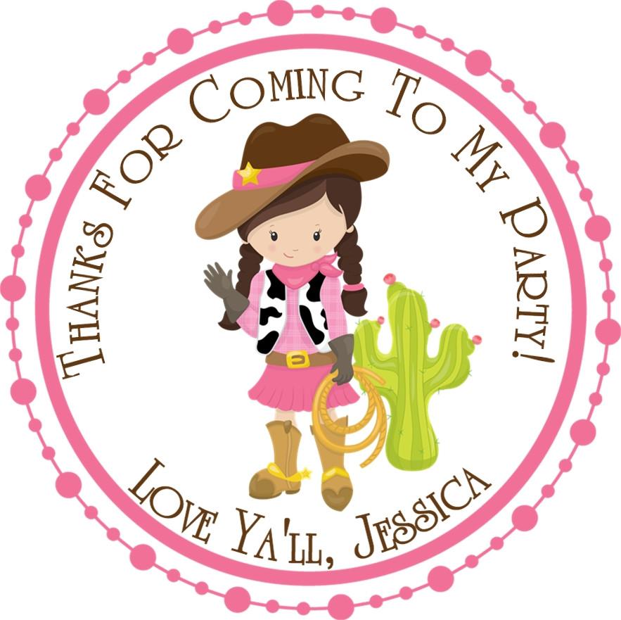 Pink cowgirl birthday sticker with cactus and rope