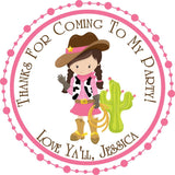 Pink cowgirl birthday sticker with cactus and rope