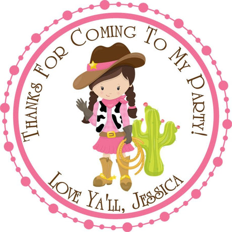 Pink cowgirl birthday sticker with cactus and rope