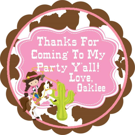 Pink cowgirl birthday sticker with girl riding horse and cactus