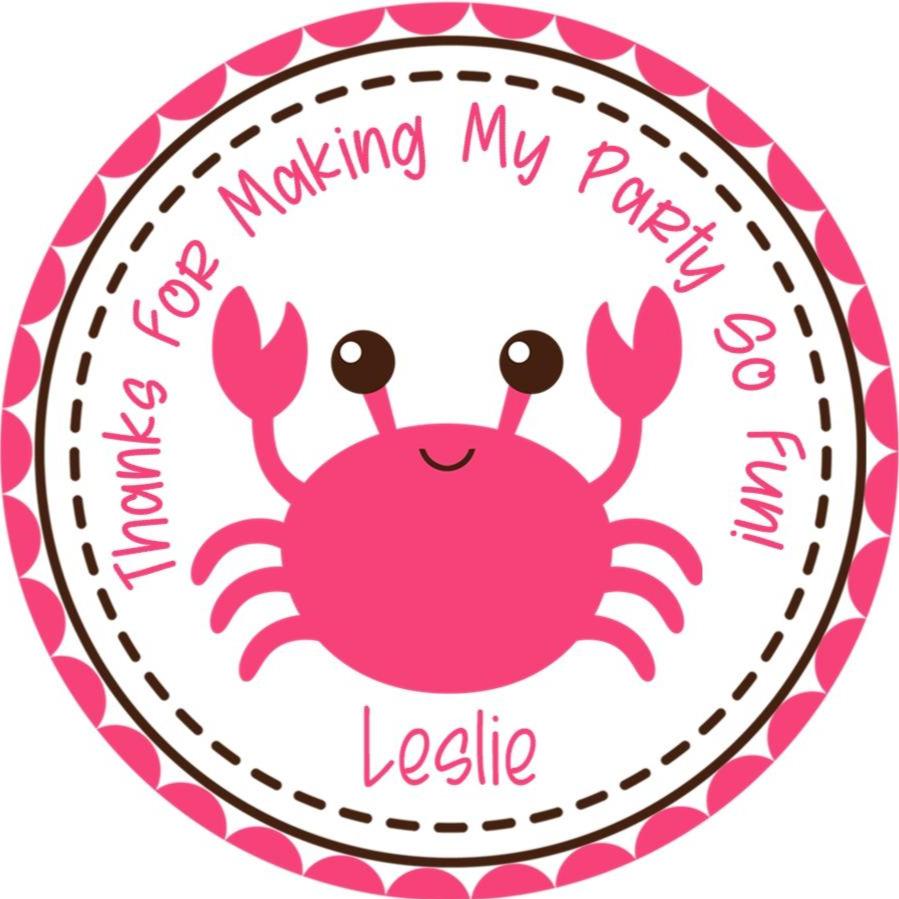 Pink crab birthday sticker with dotted border