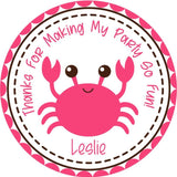 Pink crab birthday sticker with dotted border