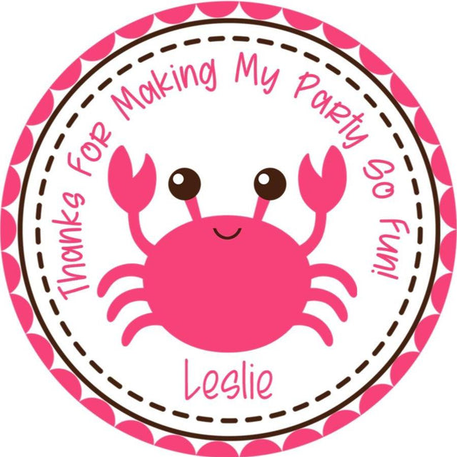 Pink crab birthday sticker with dotted border