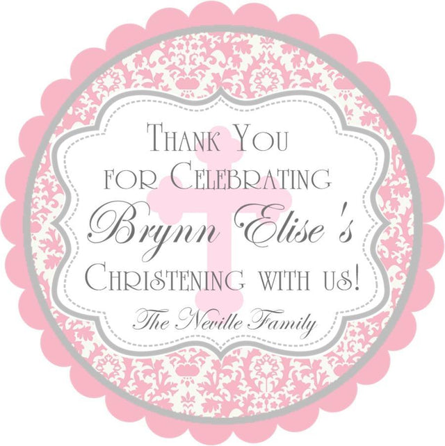 Pink damask christening sticker with decorative frame