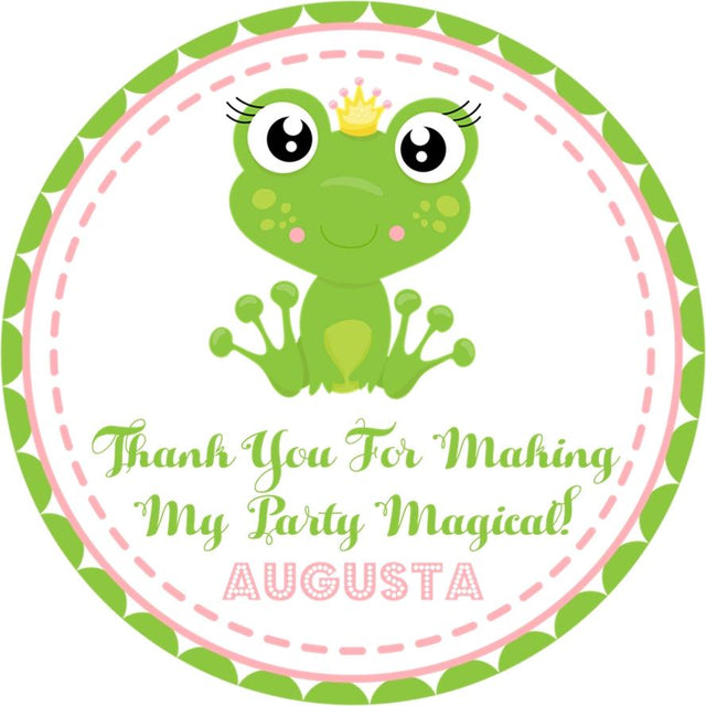 Pink dashed frog princess birthday sticker with personalized name