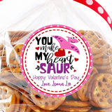Pink dinosaur Valentine sticker with hearts