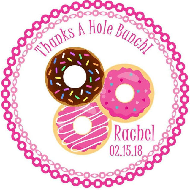 Pink donut themed birthday sticker for girls’ parties