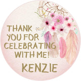 Pink dreamcatcher watercolor birthday sticker with florals and feathers