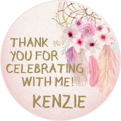 Pink dreamcatcher watercolor birthday sticker with florals and feathers