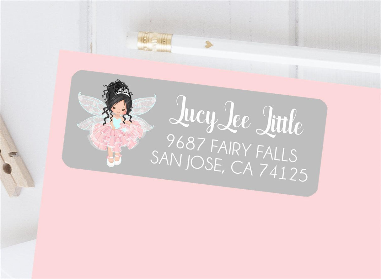 Pink fairy return address labels with princess fairy illustration