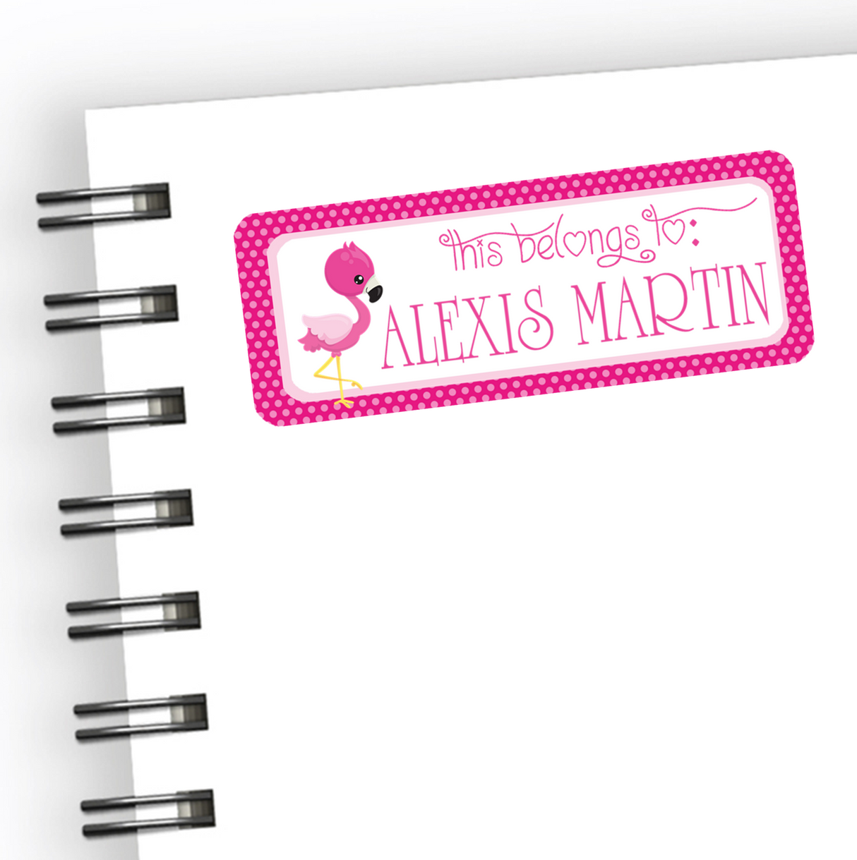 Pink flamingo themed personalized school supply name label