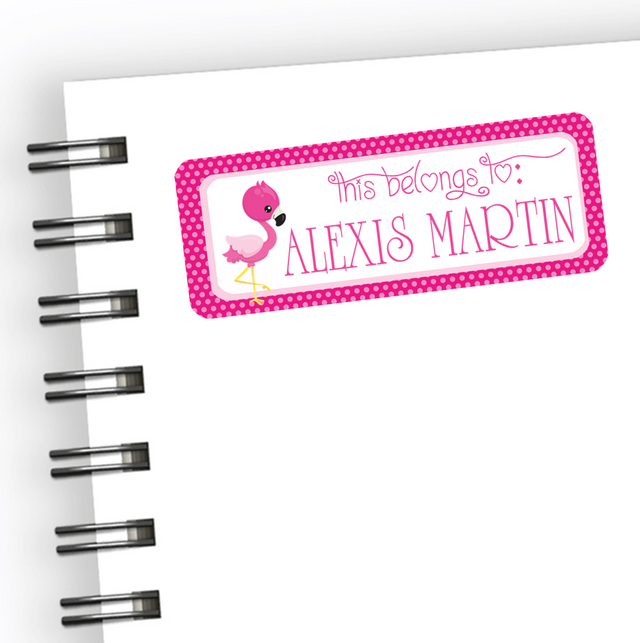 Pink flamingo themed personalized school supply name label