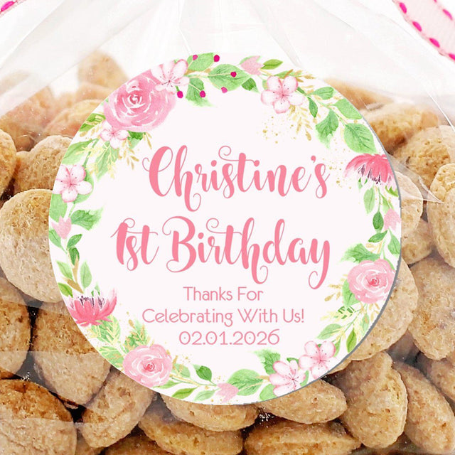 Pink floral 1st birthday sticker with custom name