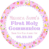 Pink floral First Holy Communion stickers personalized