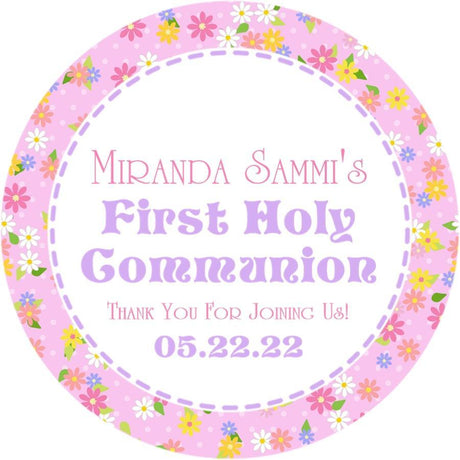 Pink floral First Holy Communion stickers personalized