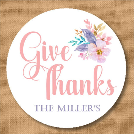 Pink floral Give Thanks Thanksgiving sticker with watercolor flowers