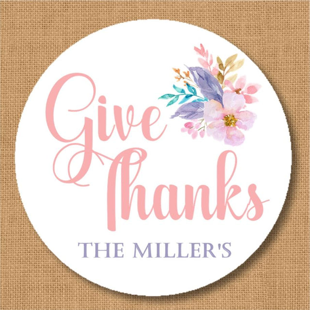 Pink floral Give Thanks Thanksgiving sticker with watercolor flowers