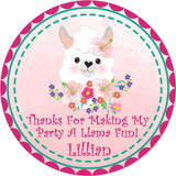 Pink floral llama birthday sticker with hibiscus flowers
