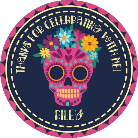 Pink floral sugar skull birthday sticker with personalized text
