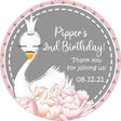 Pink floral swan birthday sticker with white swan illustration