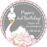 Pink floral swan birthday sticker with white swan illustration